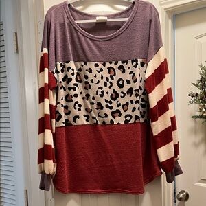BiBi Purple and Red Colorblock Leopard Print Top